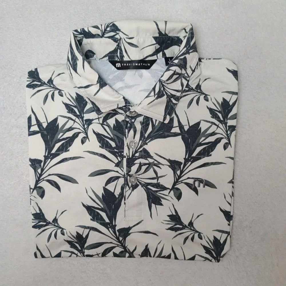 Travis Mathew Polo Shirt Mens L White Floral Graphic Golf Featherweight Stretch